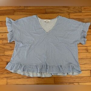 LOFT Blue and White Striped Ruffle Hem Blouse
